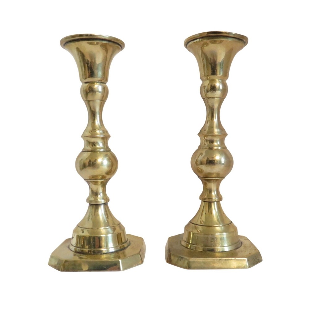 Vintage Solid Brass Candlestick‎ Holders Set of 2 Hexagonal Base 6.25 Inch Taper